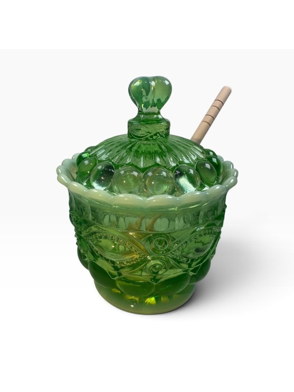 Mosser Green Opalescent Eye Winker Glass Bees Honey Jar Pot USA New